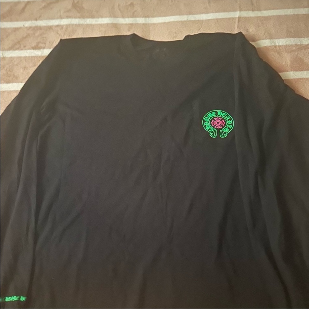 Chrome Hearts Black Long Sleeve Tee with Green & Pink Chest Patch